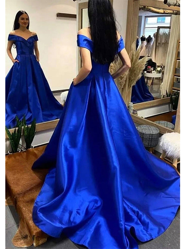 A Line V Neck Navy Blue Satin Long Prom Dress with High Slit, V Neck N –  abcprom